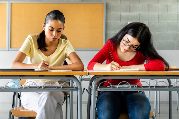 多民族の10代の女子高生はクラスで宿題をします。教育の概念。