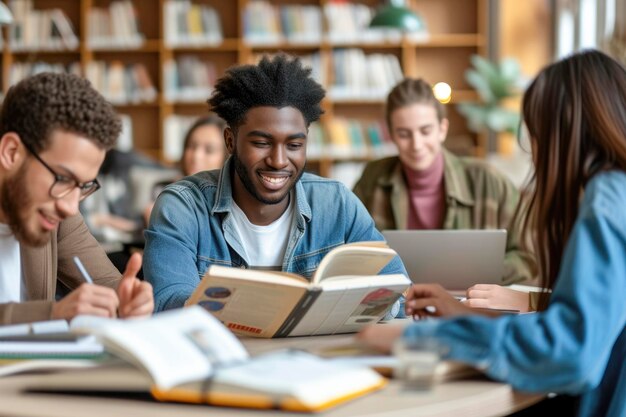 写真 本とラップトップを持ってテーブルに一緒に座っている多人種の大学生