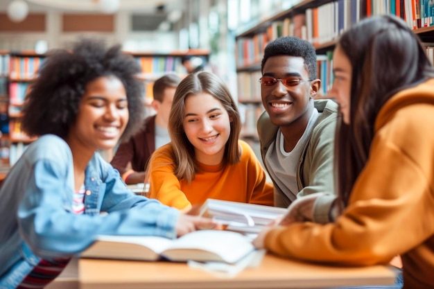 Multiracial university students sitting together at table with books and laptop