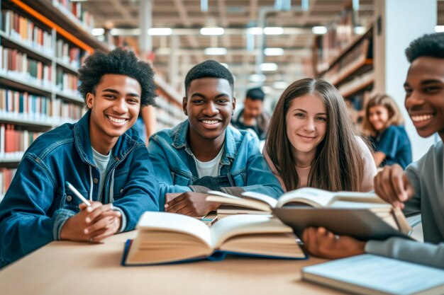 Multiracial university students sitting together at table with books and laptop