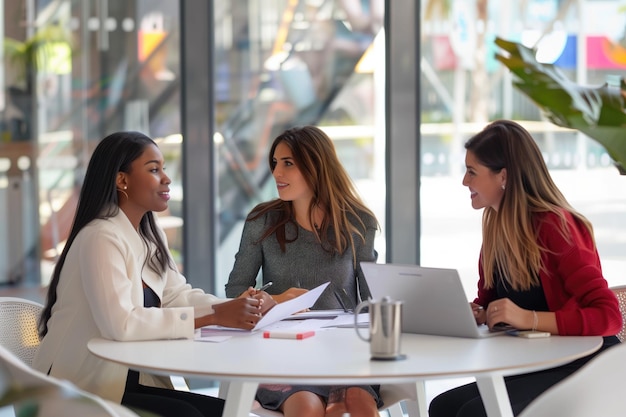 Photo multiracial woman in office meeting discussion presentation