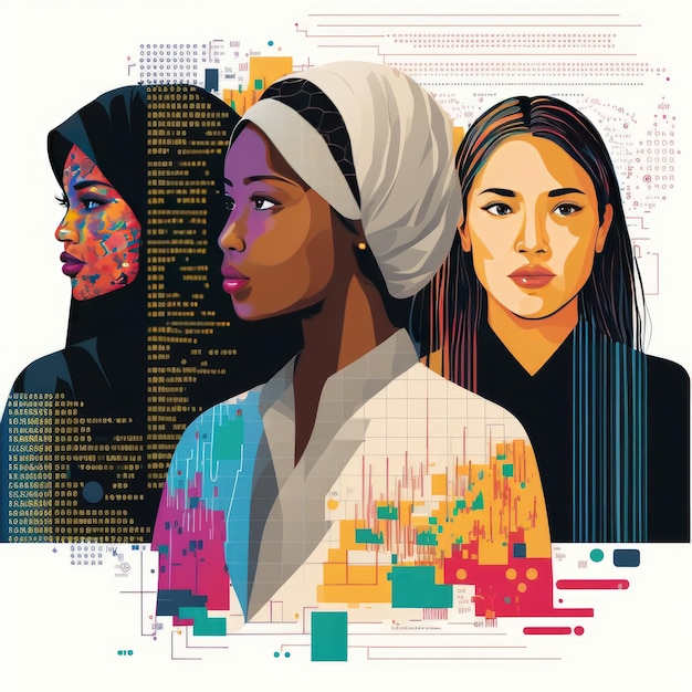 Multiracial women computer engineering expert Illustration of working businesswomen from different continents Colorful image Generative AI