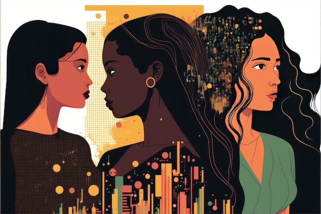 Multiracial women computer engineering expert Illustration of working businesswomen from different continents Colorful image Generative AI