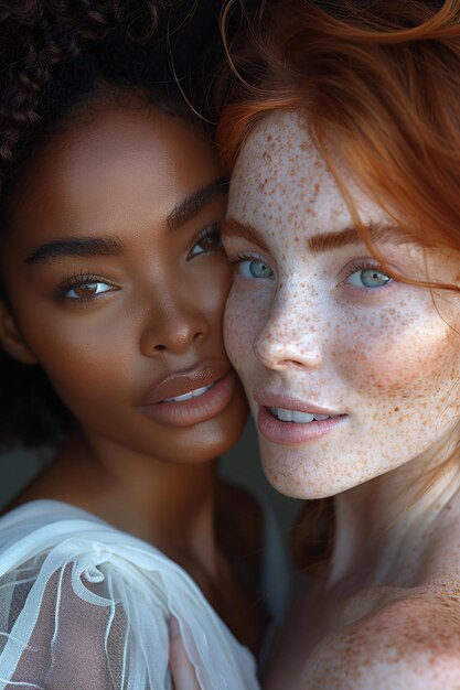 Photo multiracial women hugging black african american and white redhead with freckles diversity