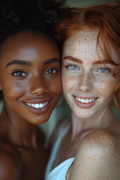 Foto multiracial women hugging black african american and white redhead with freckles diversity