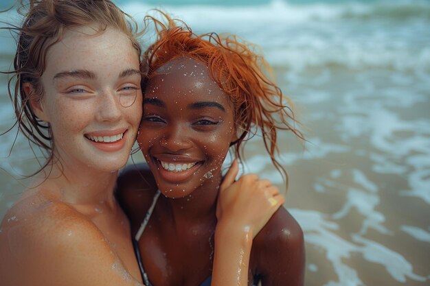 Foto multiracial women hugging black african american and white redhead with freckles diversity