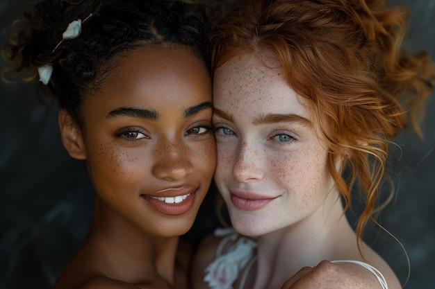 Photo multiracial women hugging black african american and white redhead with freckles diversity