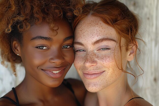 写真 multiracial women portrait black african american and white redhead with freckles diversity