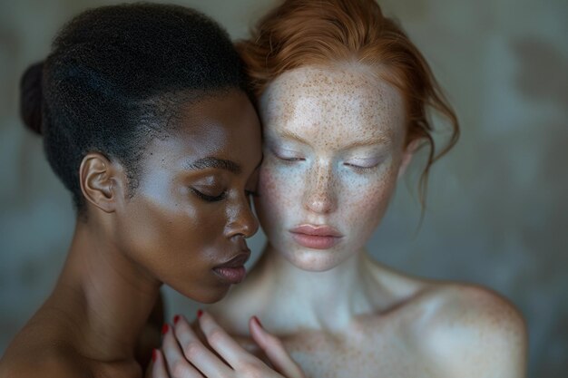 写真 multiracial women portrait black african american and white redhead with freckles diversity