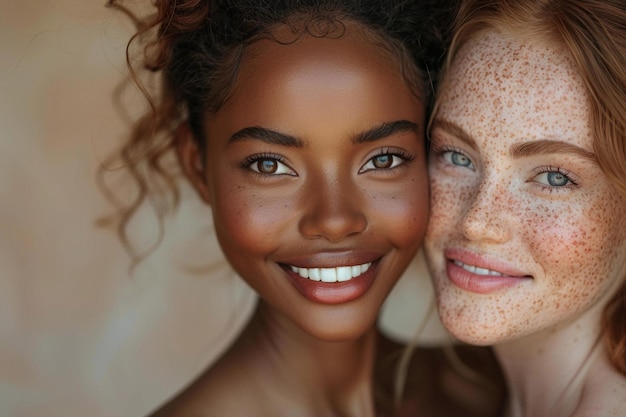 Foto multiracial women portrait black african american and white redhead with freckles diversity