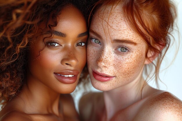 Photo multiracial women portrait black african american and white redhead with freckles diversity