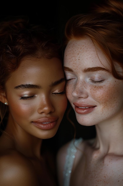 Foto multiracial women portrait black african american and white redhead with freckles diversity