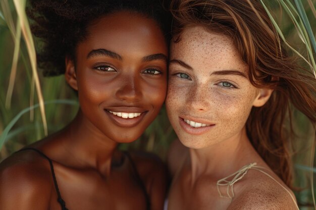 Photo multiracial women portrait black african american and white redhead with freckles diversity