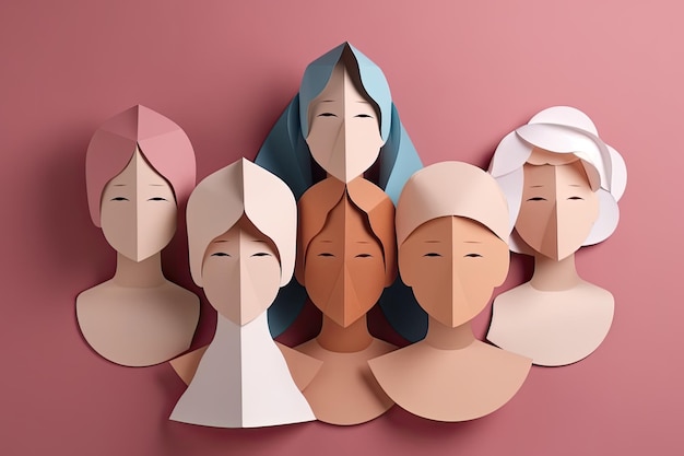 Multiracial women standing together and smiling at camera paper art Portrait of interracial female models Diversity concept Created with Generative AI