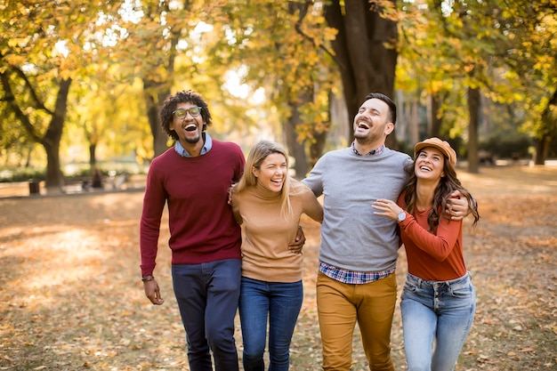 Multiracial young people walking in the autumn park and having fun