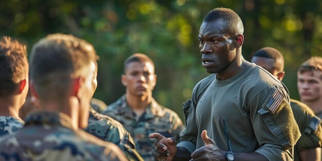 Photo multiracial young soldiers in military uniform resting on range