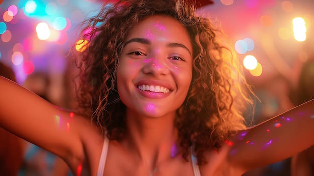 Multiracial young woman wearing a graduation cap dancing at the party Festive bokeh background