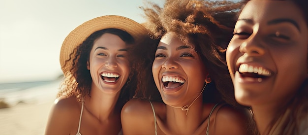 Foto multiraciale dames brengen graag samen tijd door op het strand en genieten van hun vakantie aan de oceaan