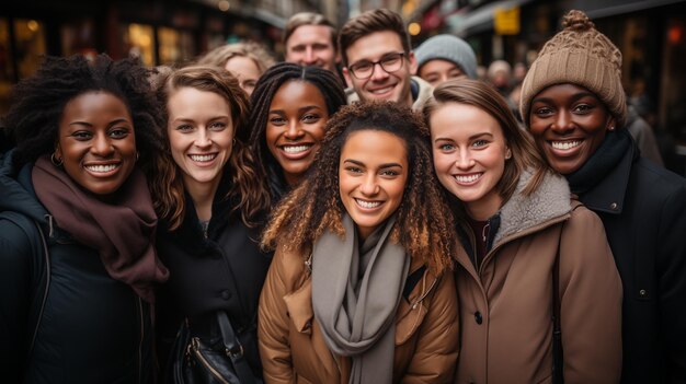 Multiraciale gelukkige mensen op straat glimlachend en knuffelend buitenlandse uitwisselingsstudenten van verschillende leeftijden AI gegenereerd