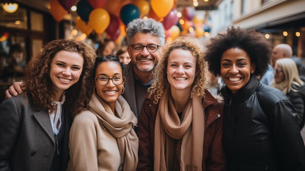 Multiraciale gelukkige mensen op straat glimlachend en knuffelend buitenlandse uitwisselingsstudenten van verschillende leeftijden AI gegenereerd