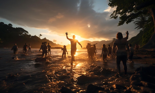 Multiraciale groep mensen die met opgeheven armen naar zonsondergang kijken Backlight shot Geluk succes