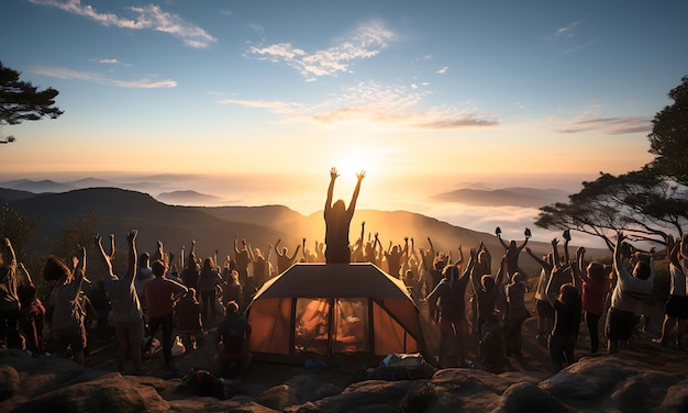 Multiraciale groep mensen die met opgeheven armen naar zonsondergang kijken Backlight shot Geluk succes