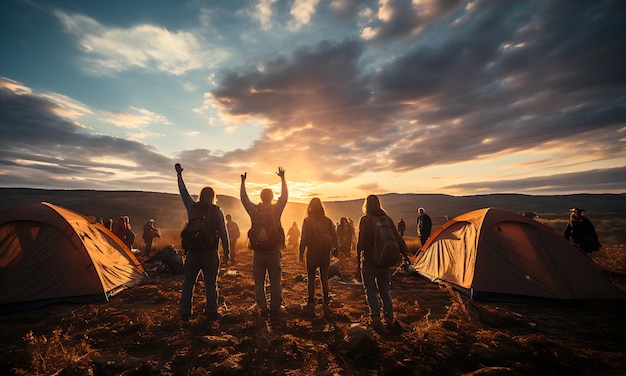 Multiraciale groep mensen die met opgeheven armen naar zonsondergang kijken Backlight shot Geluk succes