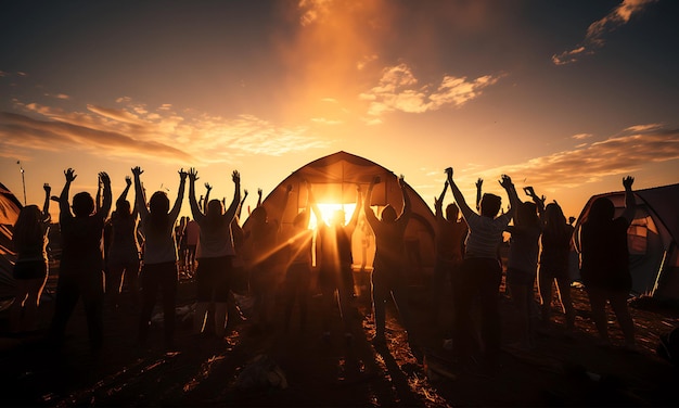 Multiraciale groep mensen die met opgeheven armen naar zonsondergang kijken Backlight shot Geluk succes