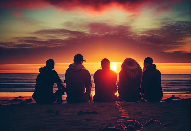 Multiraciale groep mensen op zonsondergangtijd