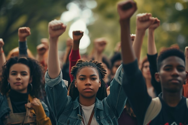 Multiraciale jongeren demonstreren met hun vuisten omhoog.