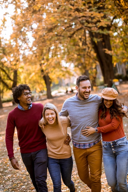 Multiraciale jongeren wandelen in het najaar park en plezier maken