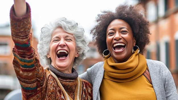 Multiraciale oudere vrouwen genieten van buiten in een stadsstraat Generatieve AI