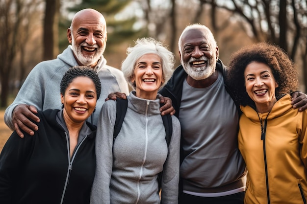 Multiraciale senior vrienden die plezier hebben na het sporten in het park