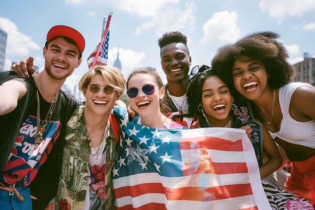 Foto multiraciale vrienden van verschillende etnische groepen met de amerikaanse vlag vieren 4 juli in de straten van new york.