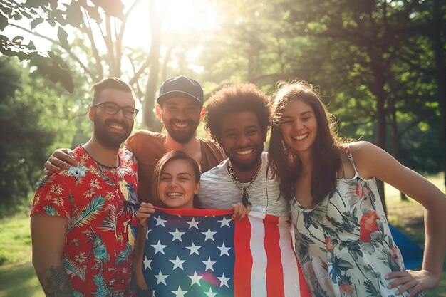 Multiraciale vrienden van verschillende etnische groepen met de Amerikaanse vlag vieren 4 juli in de straten van New York.