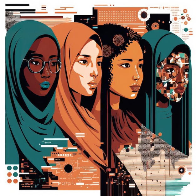 Multiraciale vrouwen computer engineering expert illustratie van werkende zakenvrouwen uit verschillende continenten kleurrijk beeld generatieve ai