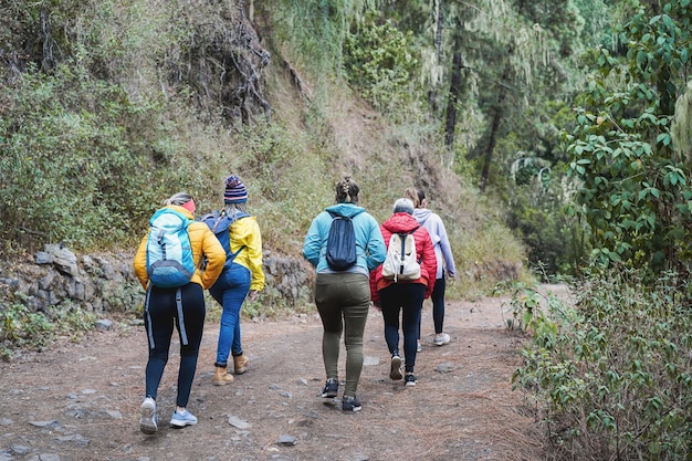 Multiraciale vrouwen die plezier hebben tijdens een trekkingdag in het bergbos - Focus op het hoofd van de Afrikaanse vrouw