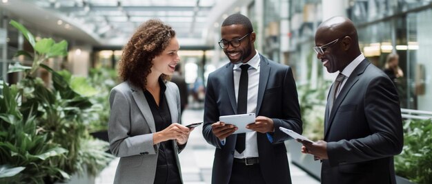 Multiraciale zakenlieden bespreken strategie in de gang.