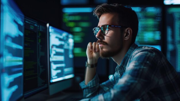 a multiscreen computer programmer focused on coding and development tasks efficiently