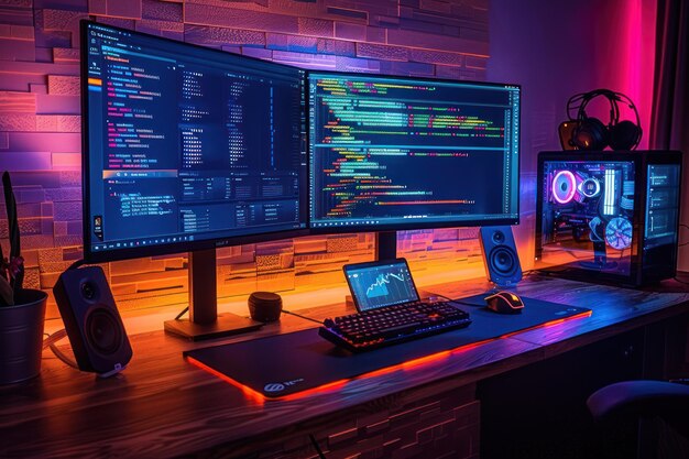 Premium Photo | Multiscreen Computer Setup with Code and Analytics An ...