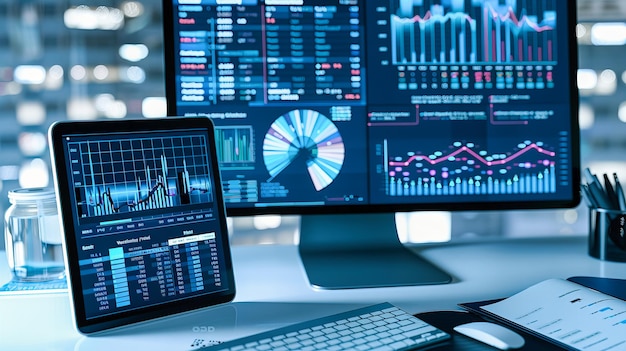 Multiscreen display of stock market trends and financial graphs for global business strategy and analysis