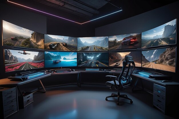 Photo a multiscreen gaming setup to cater to serious gamers and multitaskers