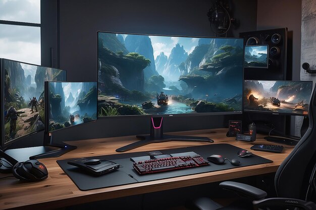 Photo a multiscreen gaming setup to cater to serious gamers and multitaskers