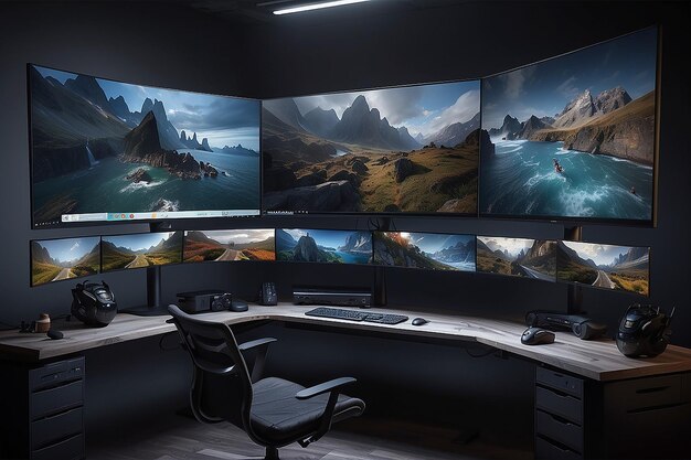 Photo a multiscreen gaming setup to cater to serious gamers and multitaskers