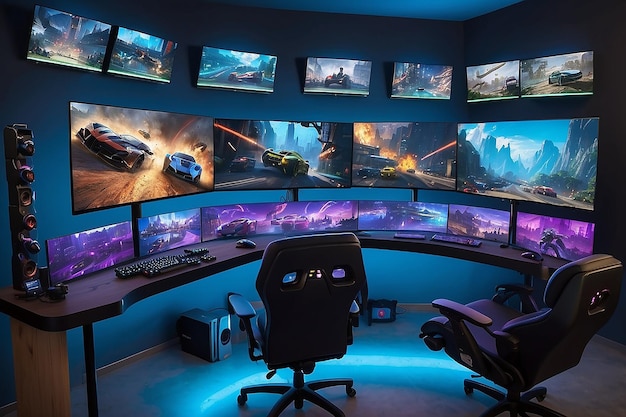 Foto multiscreen gaming setup serieuze gamers en multitaskers