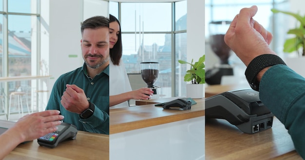 Multiscreen of man paying for coffee with nfc technology by smartwatch contactless on terminal in modern cafe Noncash payment concept