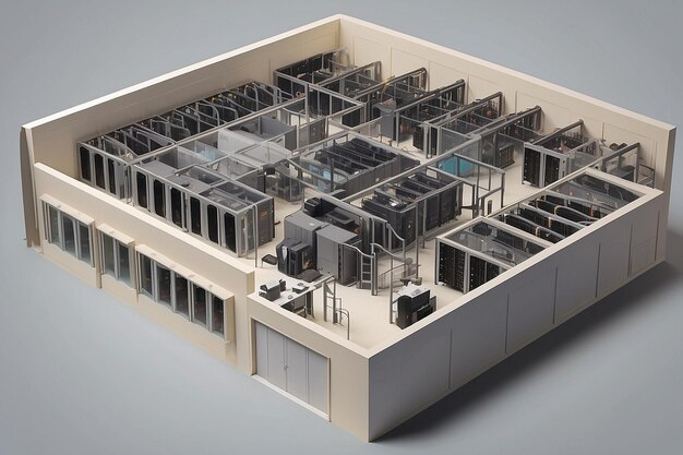 Photo multistore composition of six isometric datacenter rooms ar c v