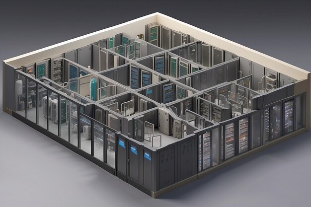 Photo multistore composition of six isometric datacenter rooms ar c v