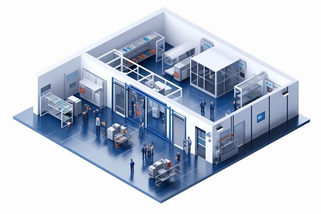 Photo multistore composition of six isometric datacenter rooms