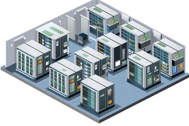 Photo multistore composition of six isometric datacenter rooms